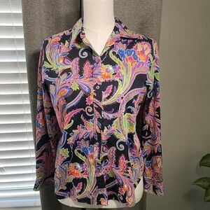 Lauren Ralph Lauren Petite Paisley Button Front Shirt PL Black Multicolor